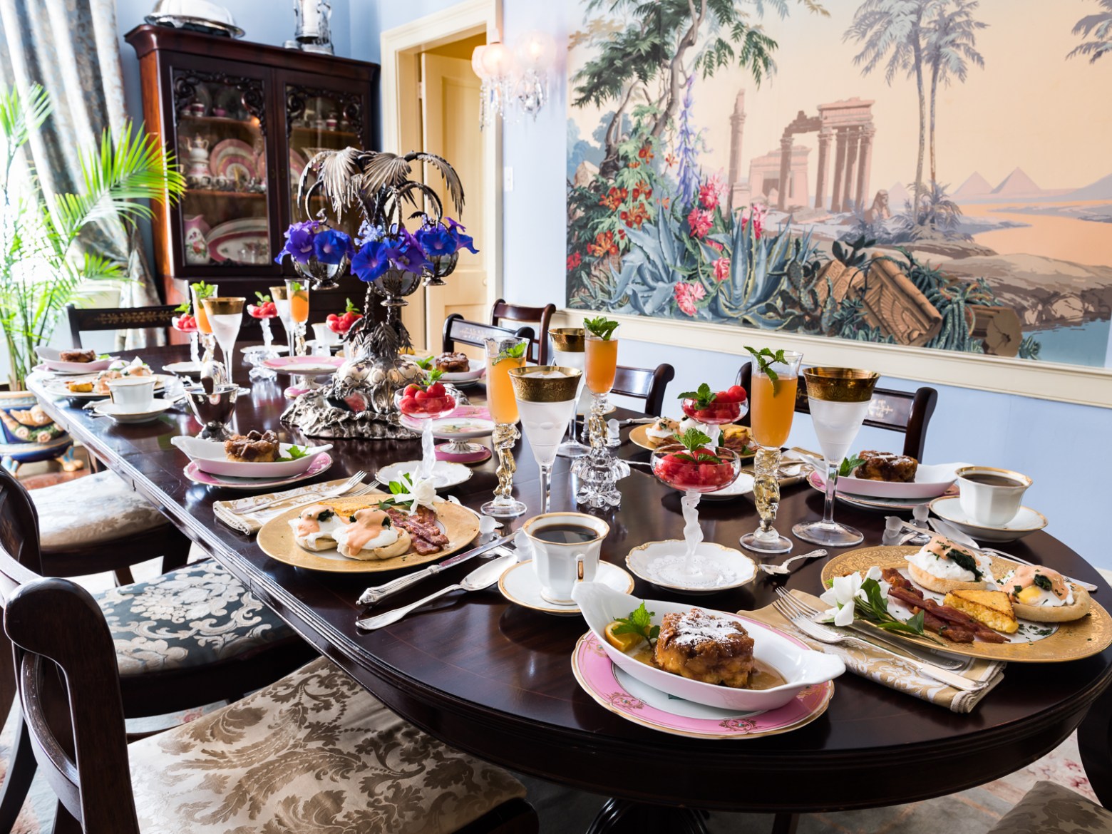 a dining table with a plate of food