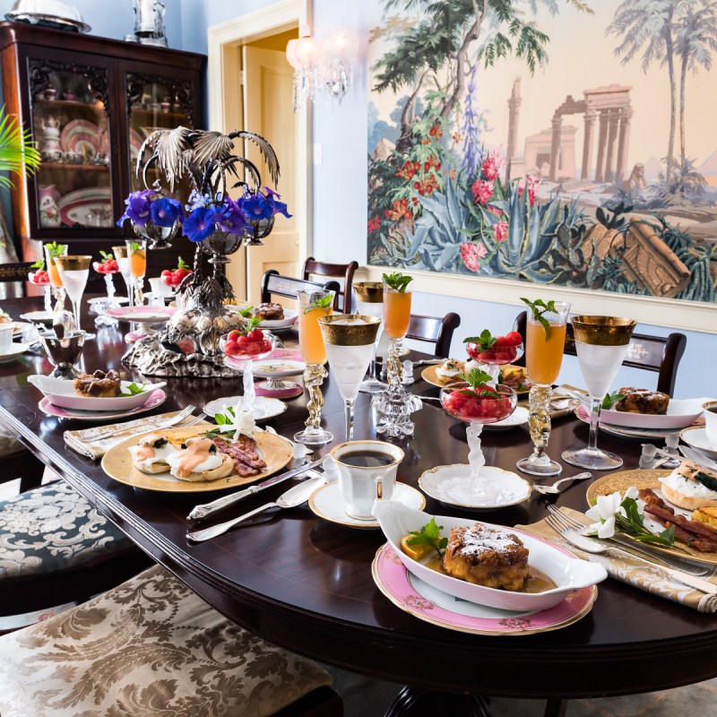 a dining table with a plate of food