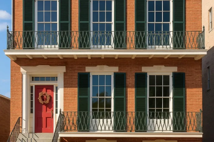 Red brick building with green shutters, red doors, and a wreath on the front door, featuring wrought iron railings.