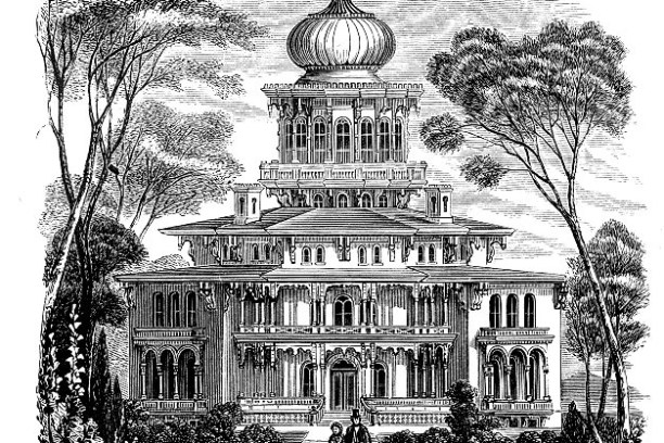 Victorian mansion with ornate dome, surrounded by trees, and three people walking on path.