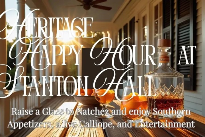 A porch with drinks, text: 'Heritage Happy Hour at Stanton Hall.'