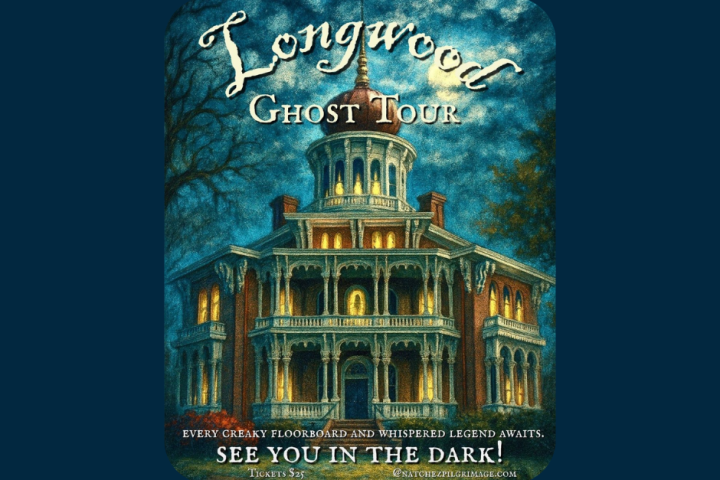 Illustration of a haunted mansion titled 'Longwood Ghost Tour' with glowing windows at night.