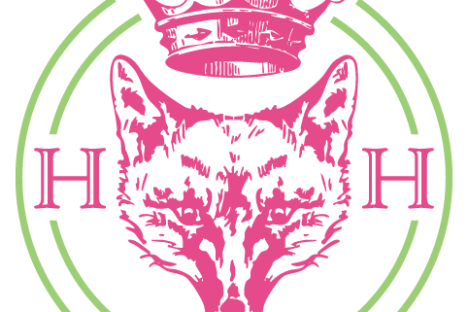 Pink fox face with crown and two 'H' letters in a green circle.