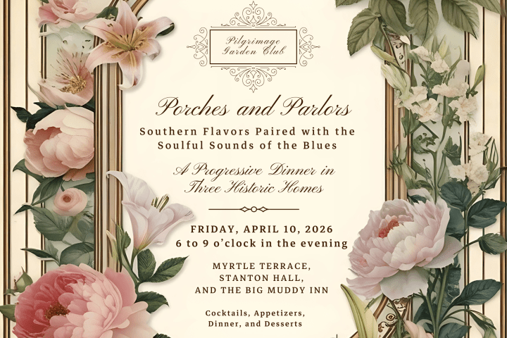 Floral-themed invitation for a dinner event on April 10, 2026, featuring Southern food and blues music.
