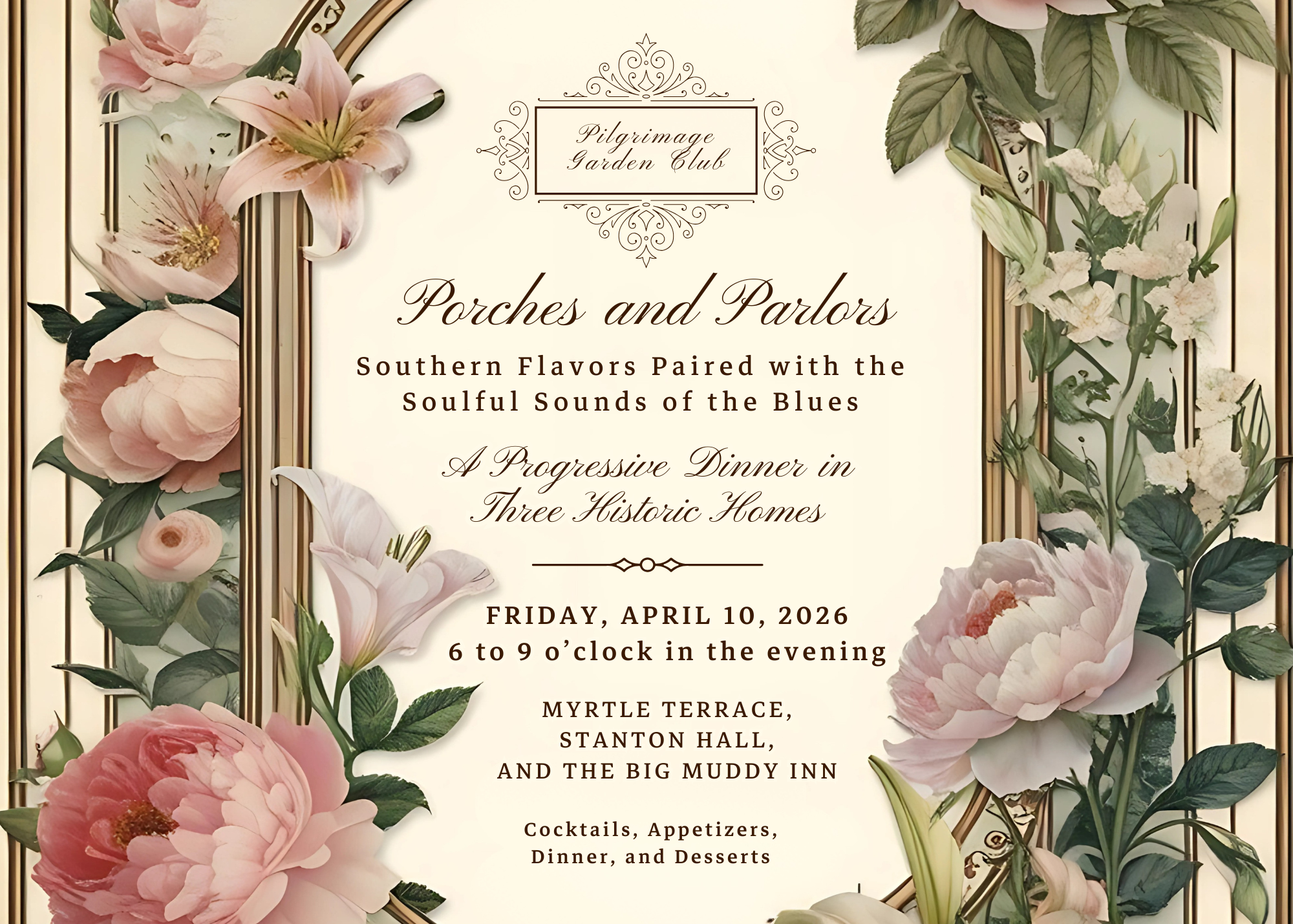 Floral-themed invitation for a dinner event on April 10, 2026, featuring Southern food and blues music.