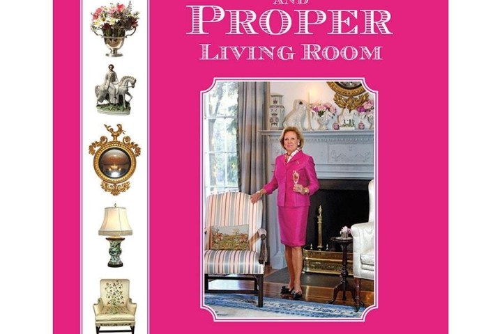 Book cover: 'The Pretty and Proper Living Room' by Holly Holden with pink background and interior decor images.